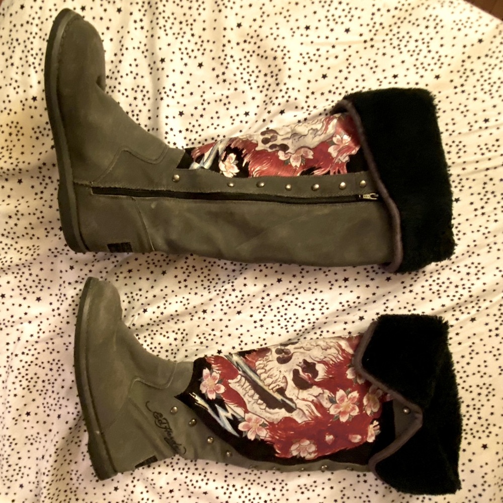 Gray Ed Hardy Winter Knee High Furry Boots